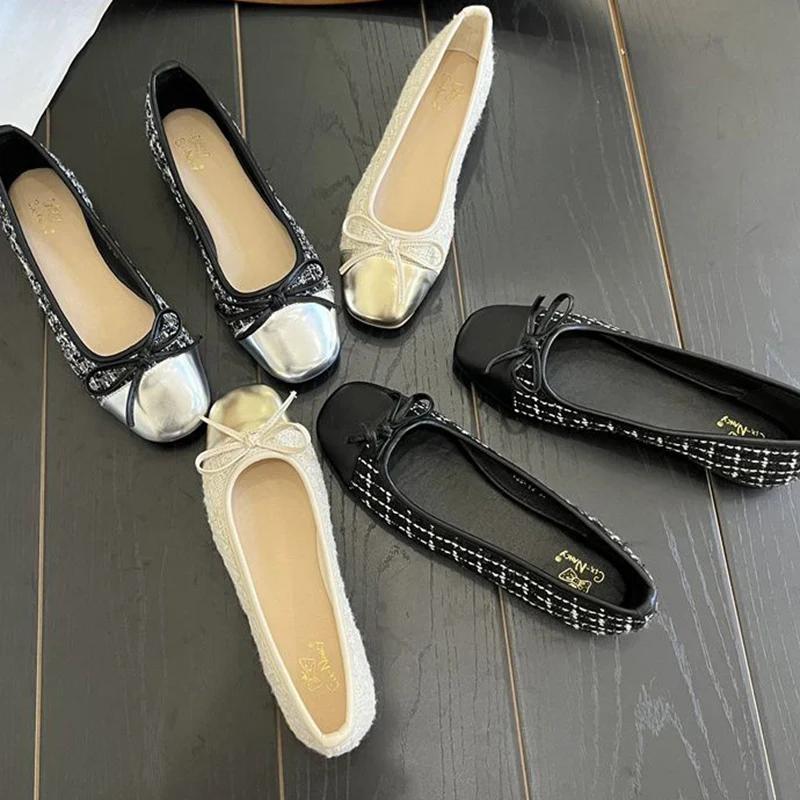 Fashion Patchwork Bowknot Flats Women Square Toe Soft Sole Single Shoes Woman Non Slip Ballet Flat Shoes