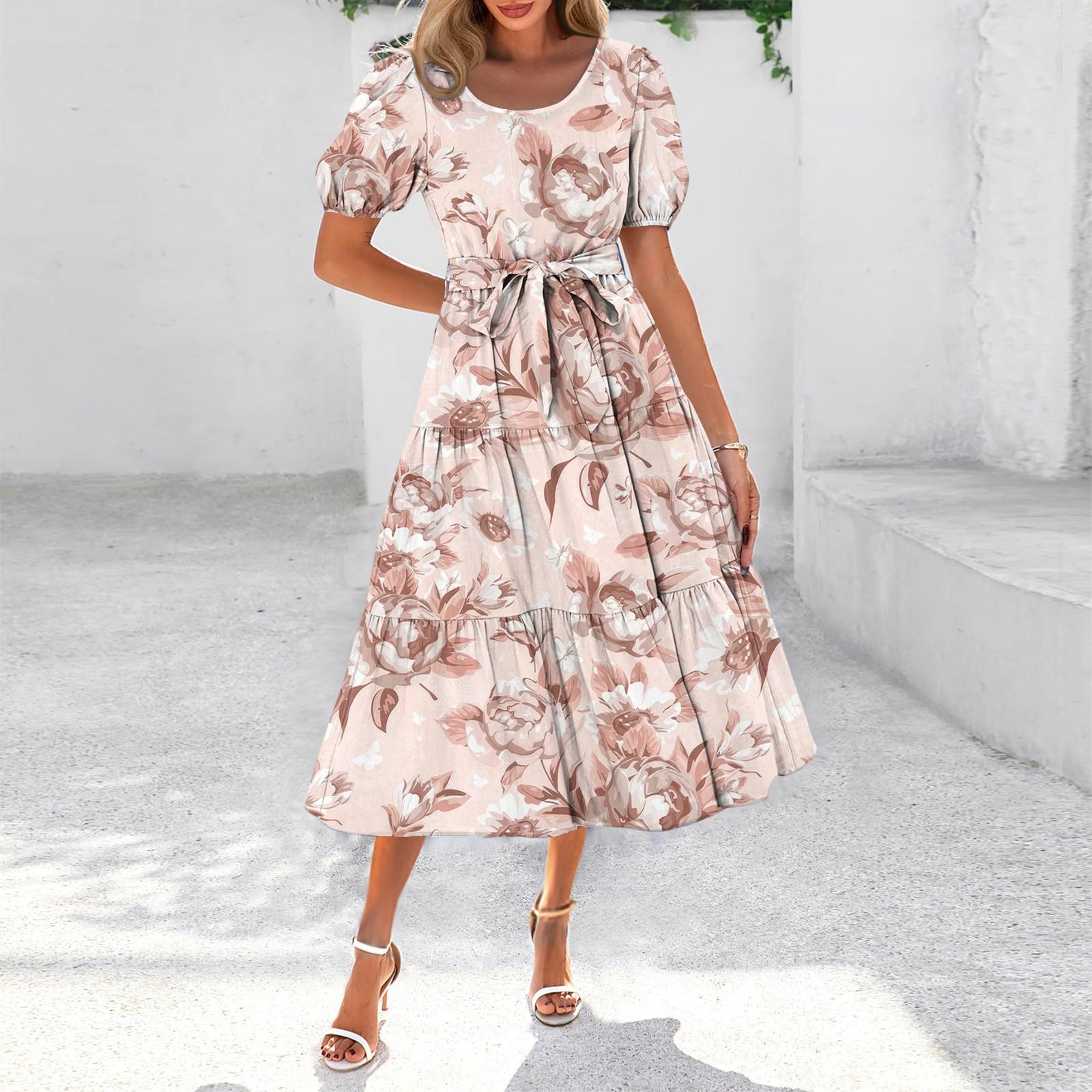 

Женское летнее платье макси с коротким рукавом, круглым вырезом, поясом и карманами в стиле бохо с струящейся отделкой XXL розовый