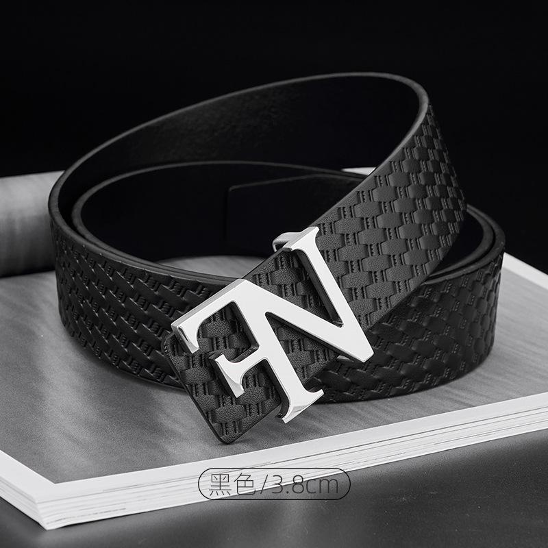 New High End Stainless Steel Letter Belt Genuine Leather Men's Braided Head Layer Cowhide Business Pants Belt Hanging Buckle
