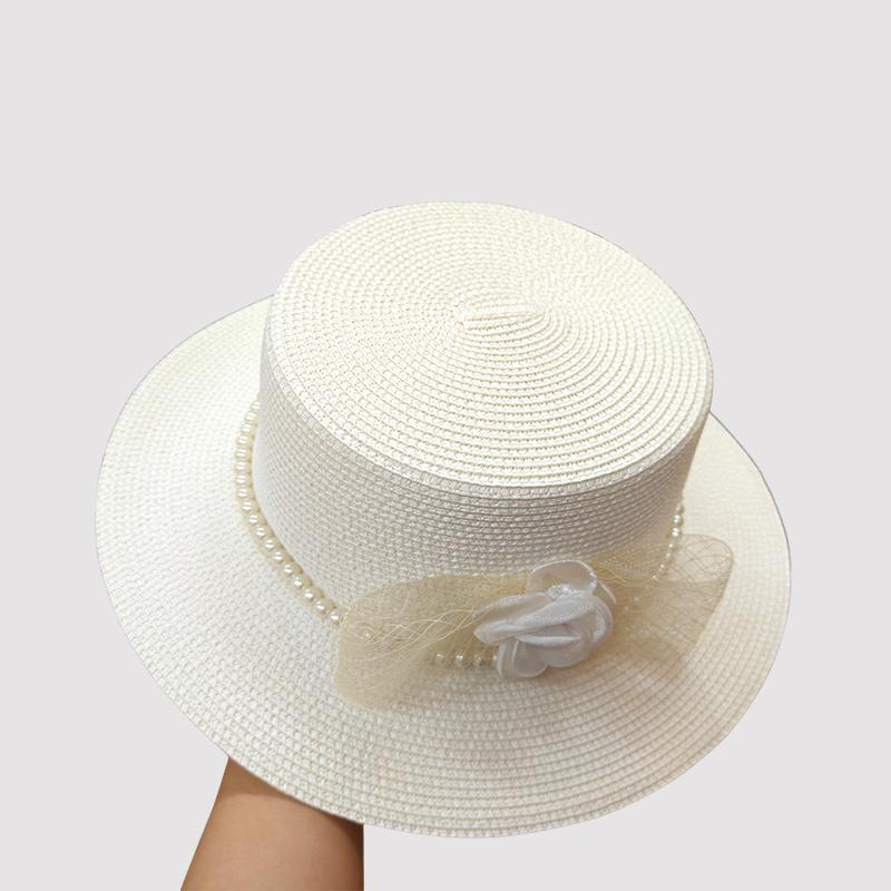 

French Flat bucket hat pearl flower straw hats women basin bucket British straw hat summer beach Seaside small-brimmed sun hat M 56-58