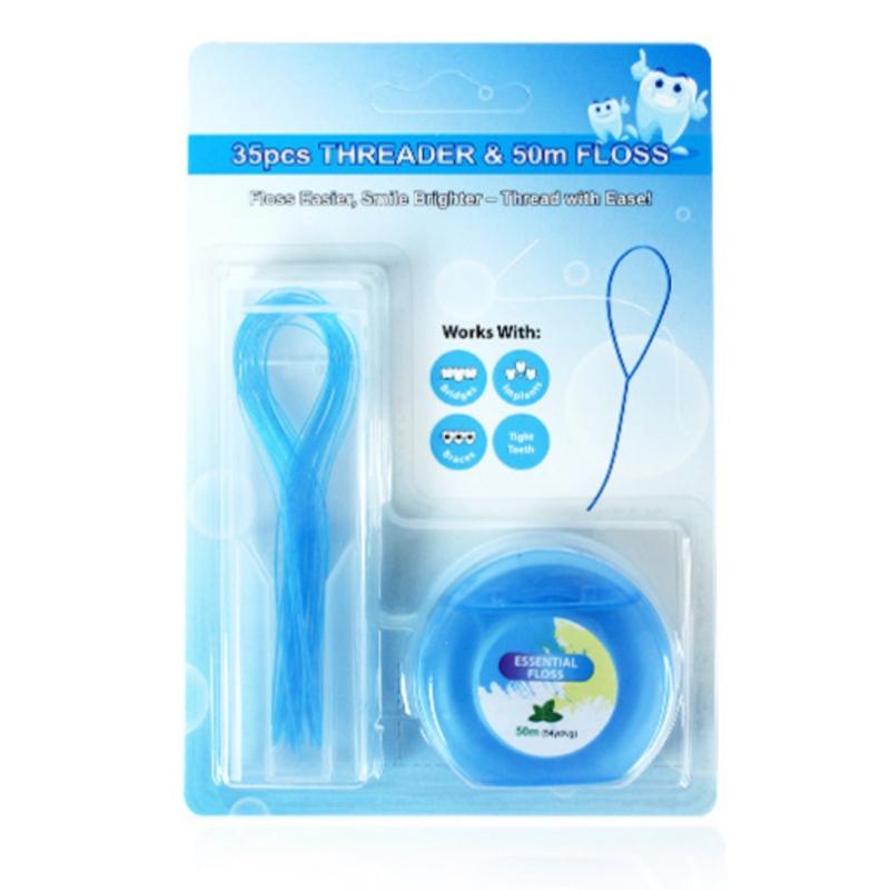 

35 Pcs Threader & 50m Dental Floss Oral Hygiene Deep Clean Floss for Braces, Bridges, Implants,Multifunctional Nylon Loop Design синий