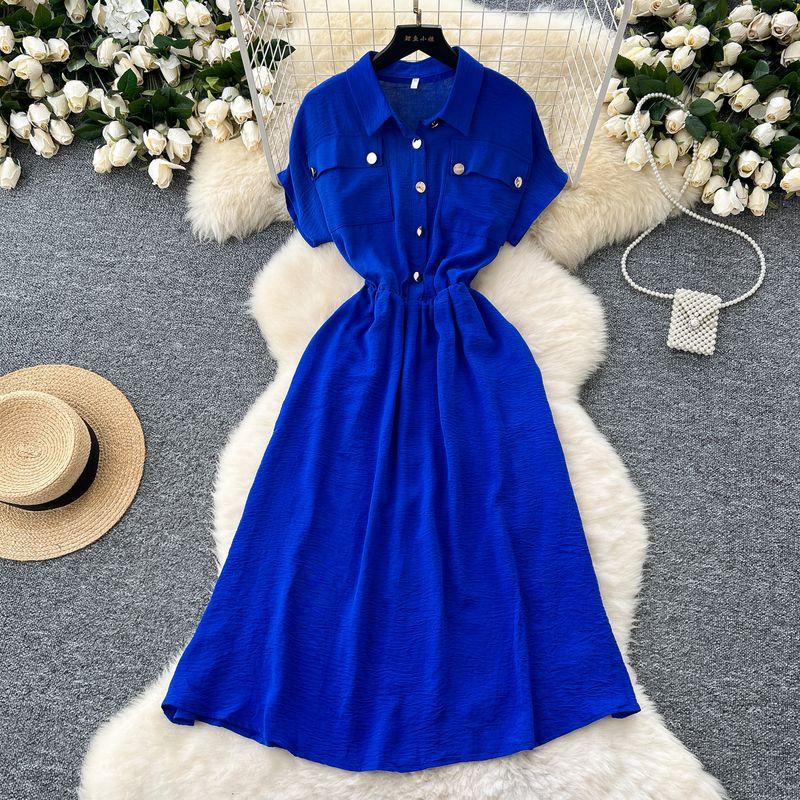 

Lightly Mature Minority Fashion Short Sleeve Dress Women s Loose Waist Trimming Casual Metal Buckle Thin over the Knee Shirtdress Blue XL