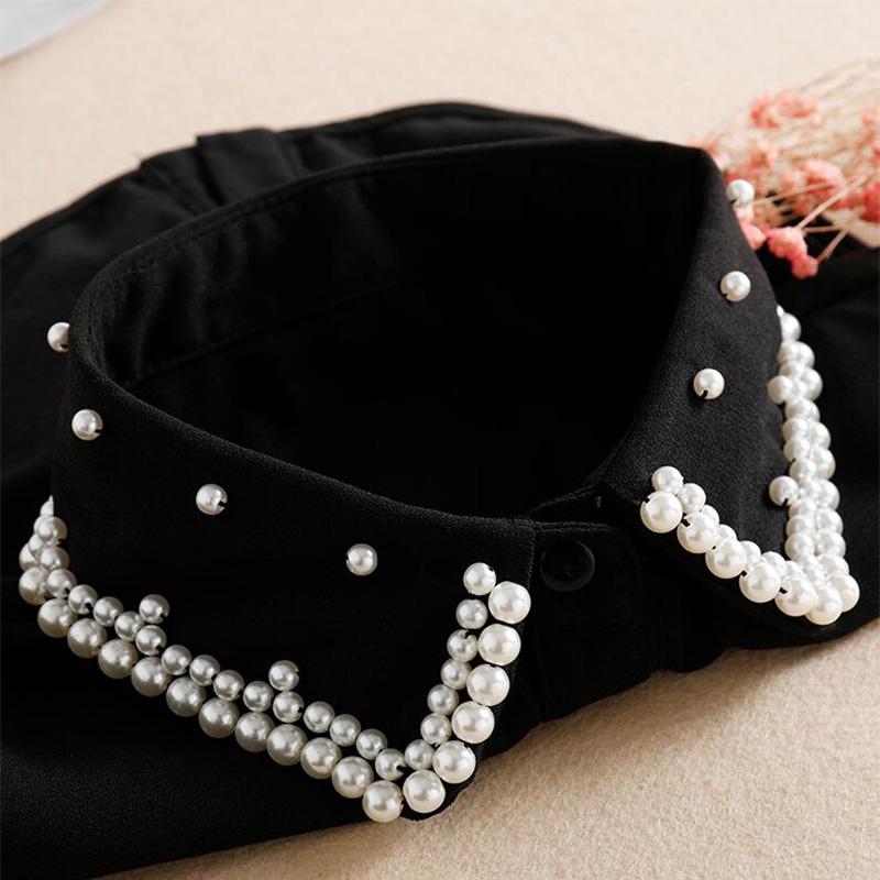 Perfect Match Bead Fake Collar Shirt Women White False Collars Woman Pearl Women Beaded Detachable Collar Necktie Black Chiffon Half Shirt