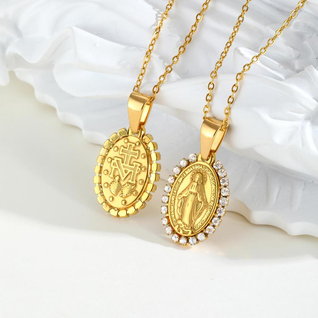 Personalized Zircon Virgin Mary Pendant Necklace for Women, Stainless Steel Gold Plated Necklace,Religious Prayer Amulet Jewelry
