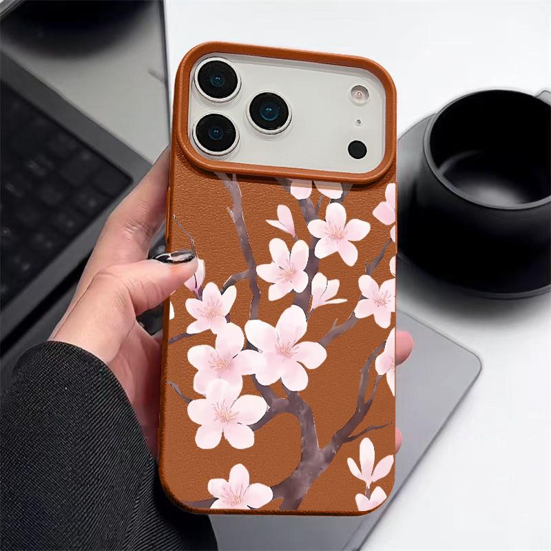 Hand-drawn Style Sakura Pattern Case For iPhone 17 Pro Max Leather Texture Soft Silicone Cover For iPhone 16 15 14 13 Pro 12 11 16E
