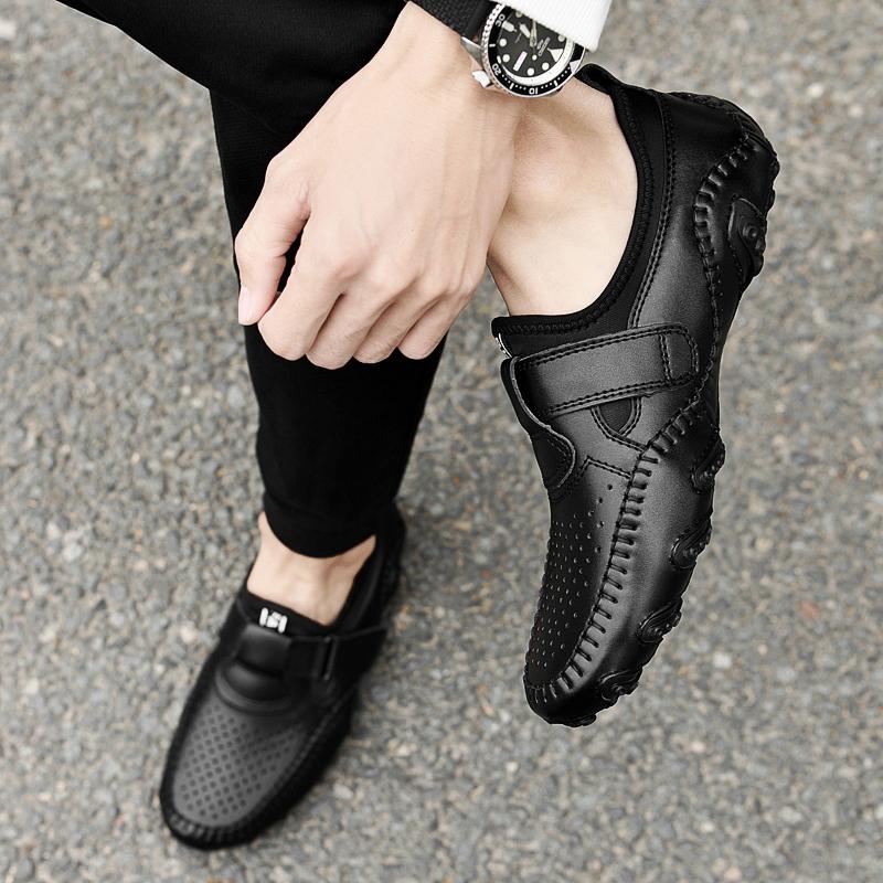 Frühling Neue Herren Outdoor Hohle Atmungsaktive Anti-Rutsch Fahrschuhe Handgenäht Bequem Weiche Sohle Leichtgewichtige Bohnenschuhe für Herren