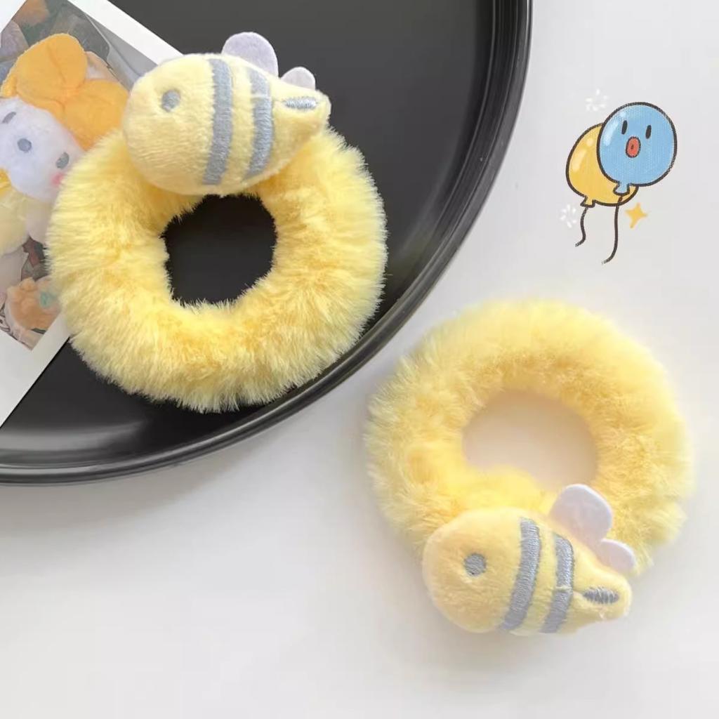 4pcs Milky Bee Plush Hair Ring, Girly Heart, Cute and Soft Autumn and Winter Hair Rope Cartoon Ponytail Hair Ornament