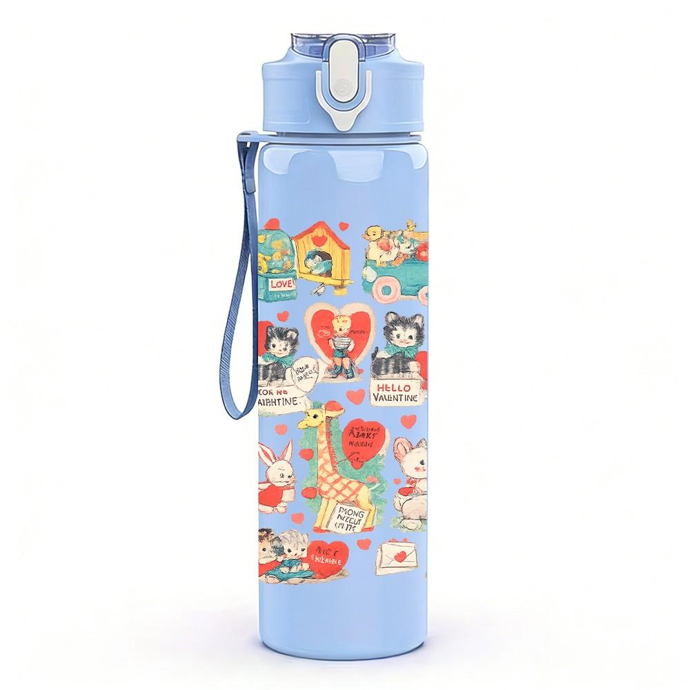 1PC Cute Cartoon Character Scrapbook Print 750ml Color Plastic Sports Water Bottle Leakproof Flip Straw Lid Suitable for Sports Office Home Use
