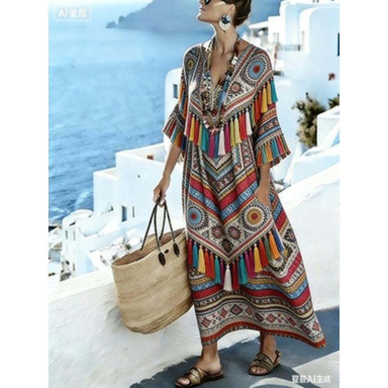 New retro ethnic style geometric rhombus print dress V-neck flared mid-sleeved pocket loose holiday dress