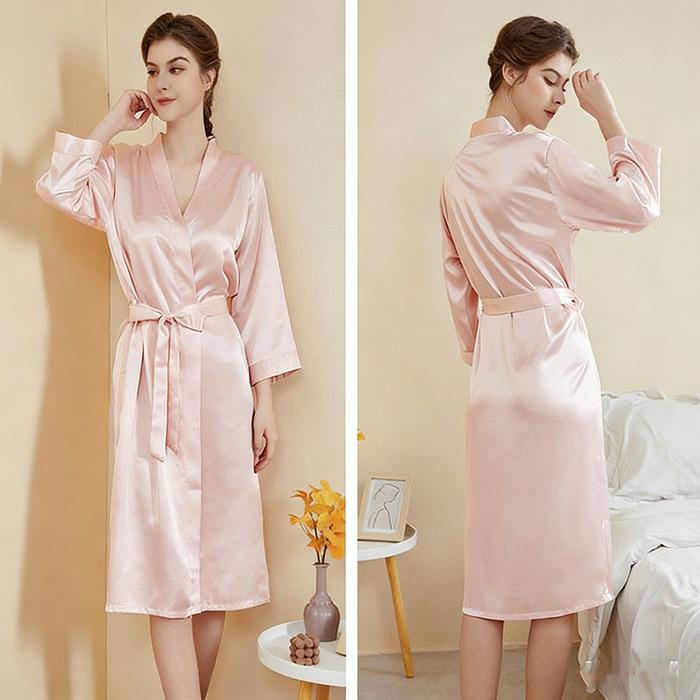 Women's Silk Bathrobe - Long Sleeve V-Neck Solid Color Loungewear House Robe