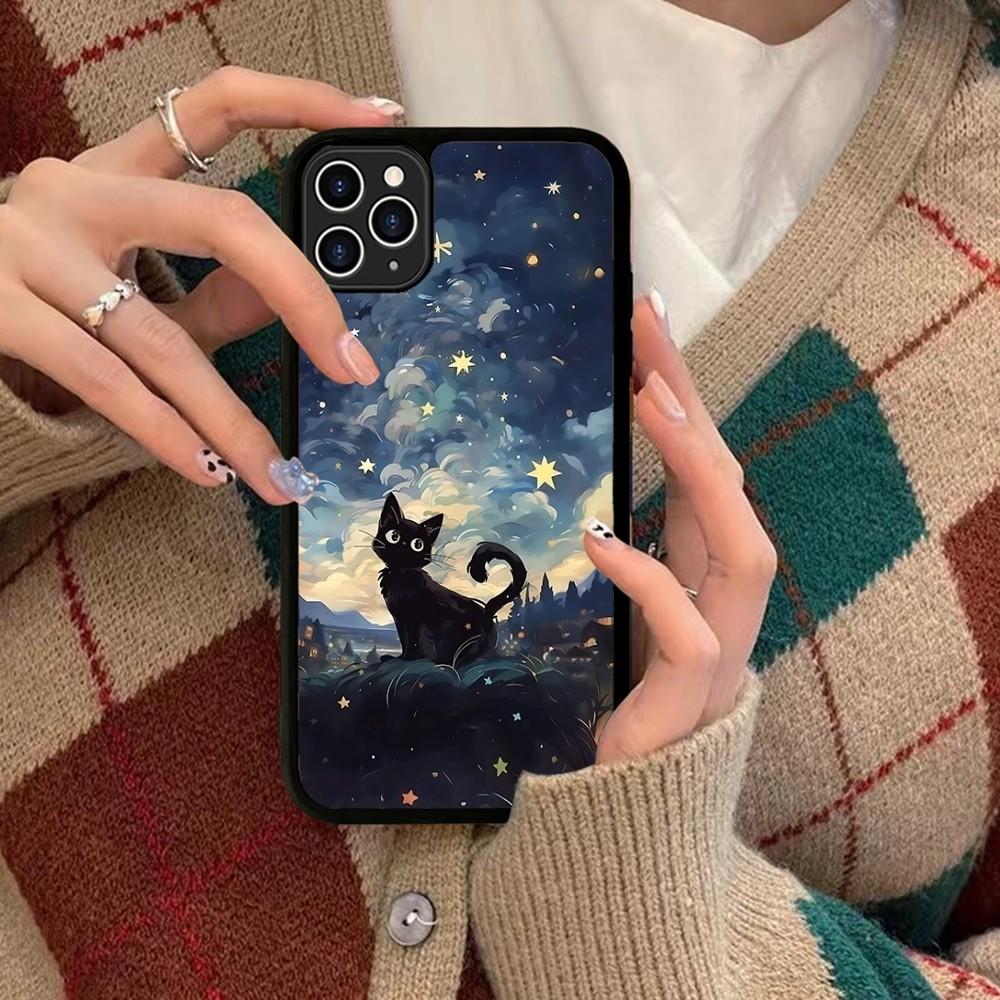Cartoon Animal Black Cat Oil Painting Phone Case Silicone PC+TPU For For IPhone 11 12 13 14 15 16 Plus Pro Max Cover