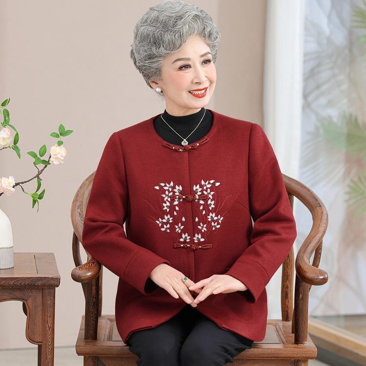 New Chinese Style Mother Autumn and Winter Fashion Embroidered Wool Coat Elderly Women's Clothing Spring and Autumn Noble National Style Cardigan Top
