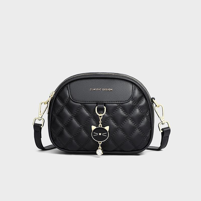 New Leather Crossbody Bag for Women, Small Fragrant Style Chain Diamond Grid Versatile Single Shoulder Small Round Bag