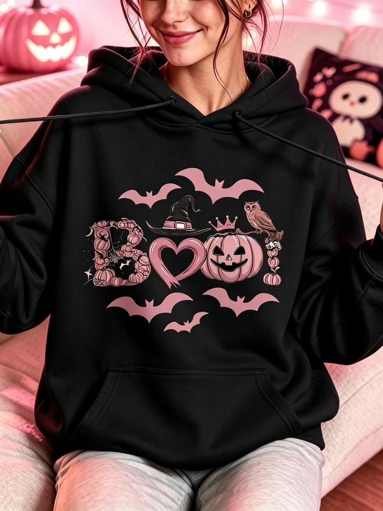 Unisex Fall Autumn Boo Halloween Pink Pumpkin Heart Witch Hat Owl Bat Graphic Hoodie Hooded Sweatshirt Print Casual Top for Daily