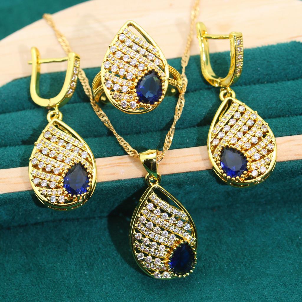 Europe and The United States Set Micro-green Jewelry Anti Allergic Zircon Necklace Earrings Earrings Ring Jewelry Set