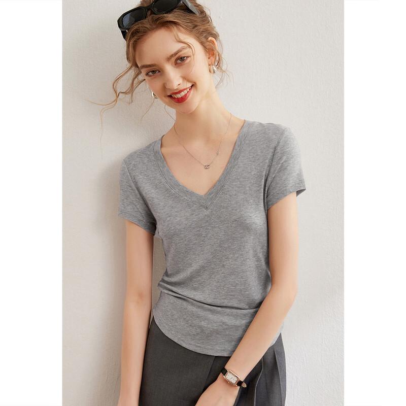 Bailuyu Women's Solid V-Neck Short Sleeve T-Shirt with Wool-Tencel Blend