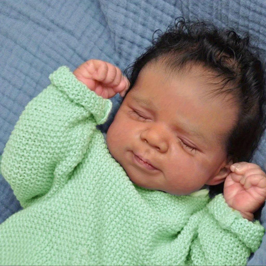 BZDOLL 45 CM 18 Zoll Schlafende Reborn-Babypuppe Spielzeug für Kinder Vollvinylkörper Lebensecht Schwarze Braune Haut Lächeln Babypuppe Kinder Geburtstagsgeschenk Humanoide Spielzeuge