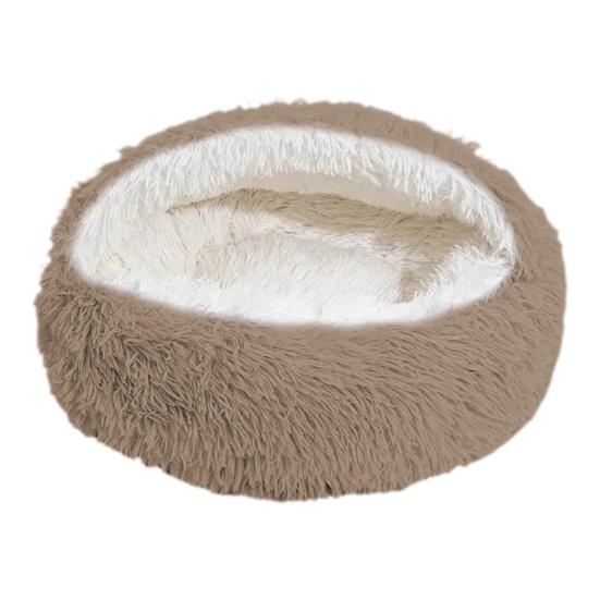 Pet Shell Nest Bed Warm Calming Cat Cave Bed with Hooded Cover Semi Enclosed Fluffy Plush Lined Round Bed for Small Medium Pets