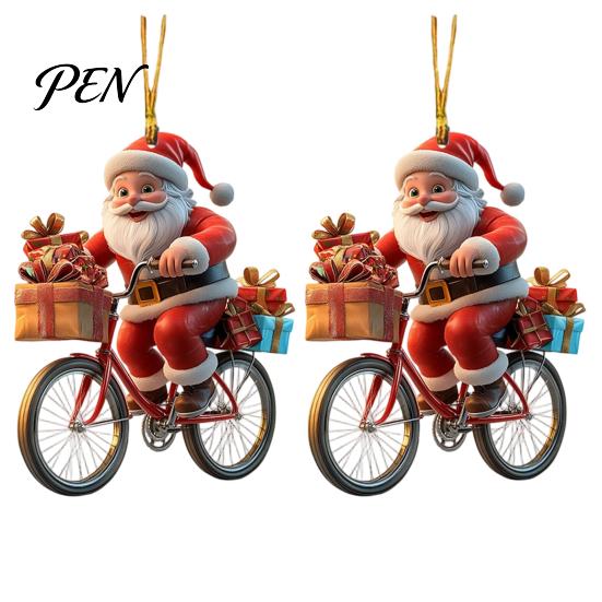 Santa Claus Gift Bag Tags 2Pcs Christmas Riding Bicycle Acrylic Hanging Ornament, Car Lightweight Ornaments Interior Rearview Mirror Charm,