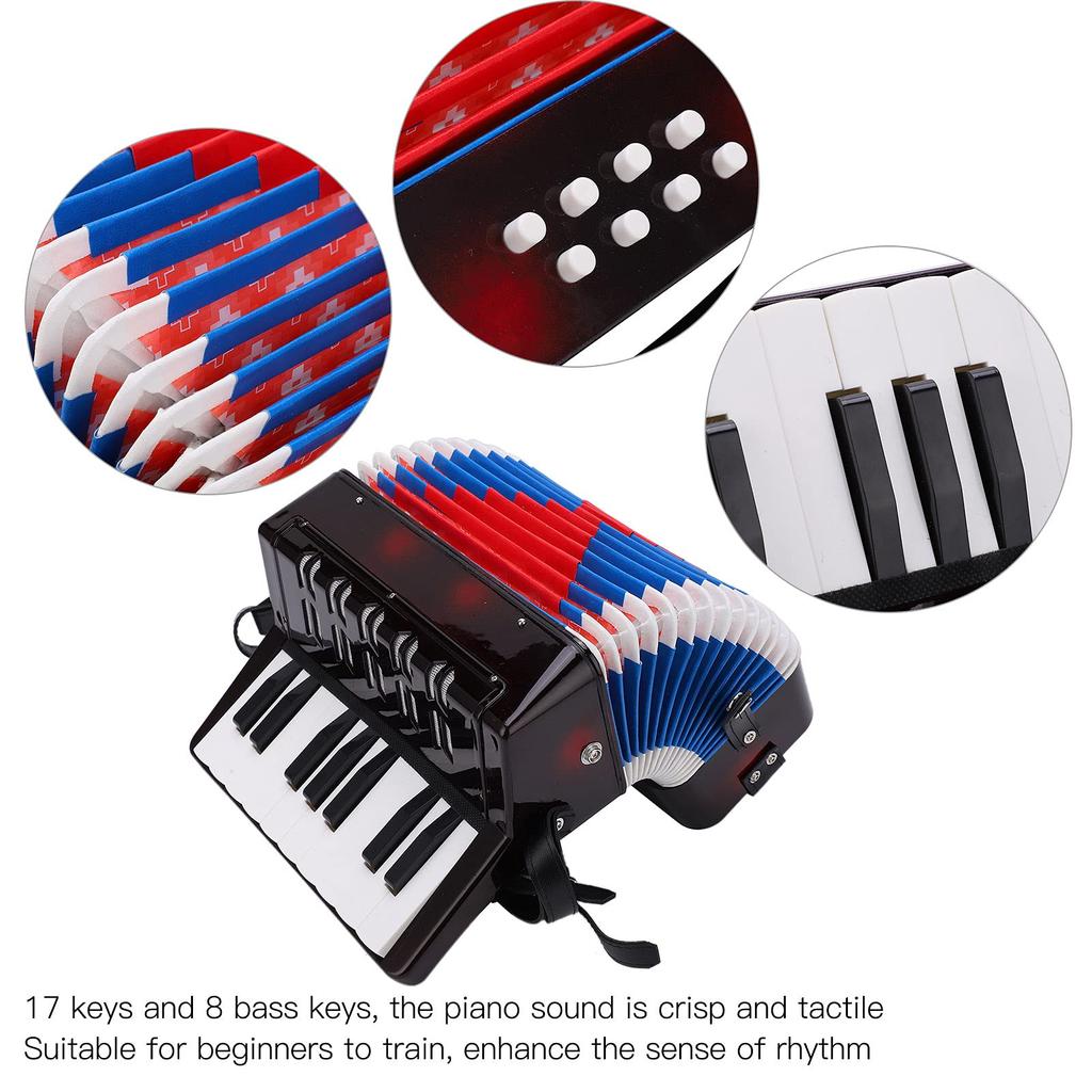 Toy Mini Accordion for and Beginners At Home with Strap Accordion, 17-Key, 8-Bass Accordion, Piano, Music, Playing, Practice, Easy-to-Use (Black)