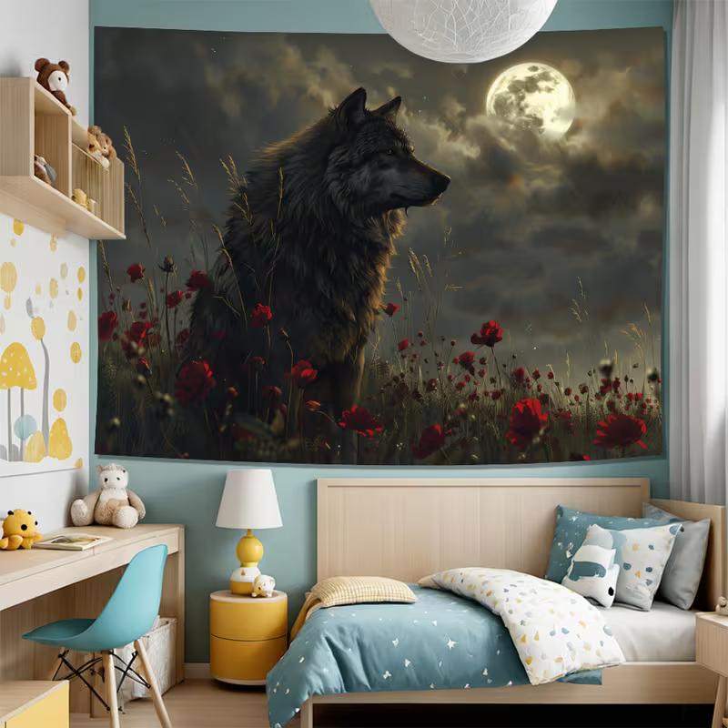 2D Howling Wolf Night Tapestry, Full Moon & Poppy Flowers Wall Art for Home Decor