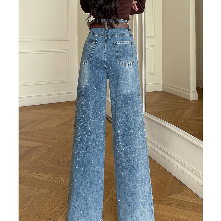 Women Rhinestone Pants  Fashion Stretchy Wide Leg Palazzo Trousers Korean Style