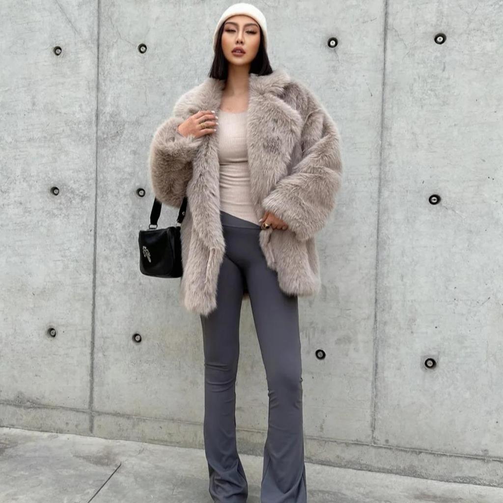 VAYLA Fashionable Street Style Fox Fur Coat Loose Suit Collar Medium Long Imitation Fur Coat for Women Autumn-winter Fur Overcoat