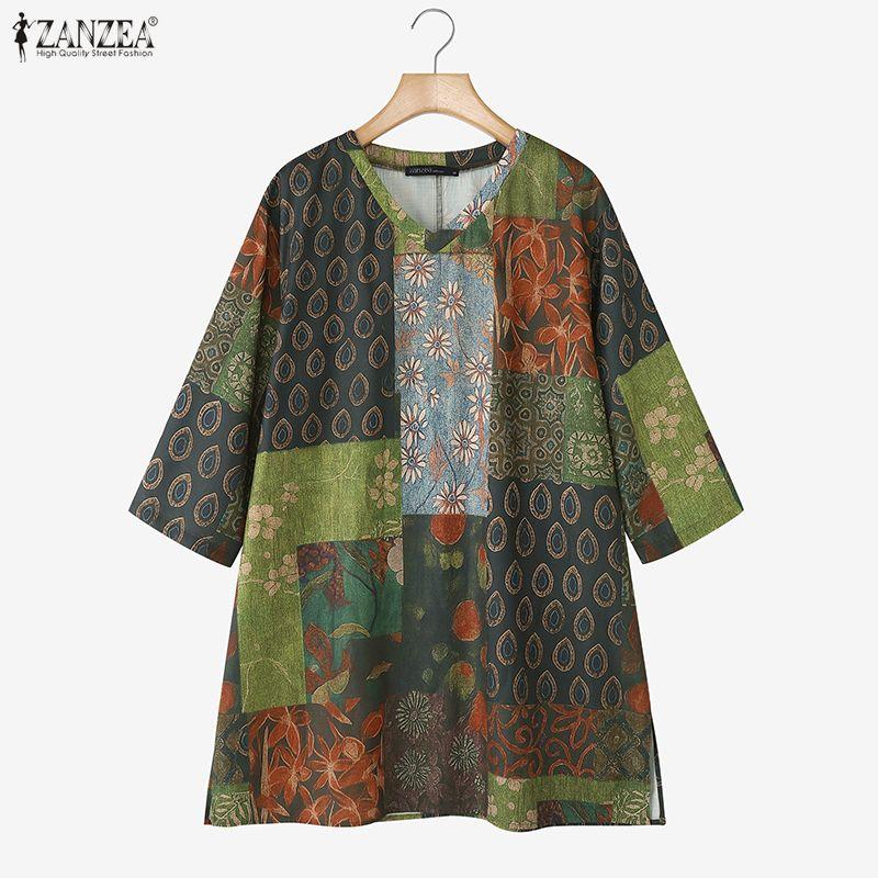 ZANZEA Blusa Casual de Verano para Mujer con Cuello Redondo y Manga Corta con Estampado Floral Retro