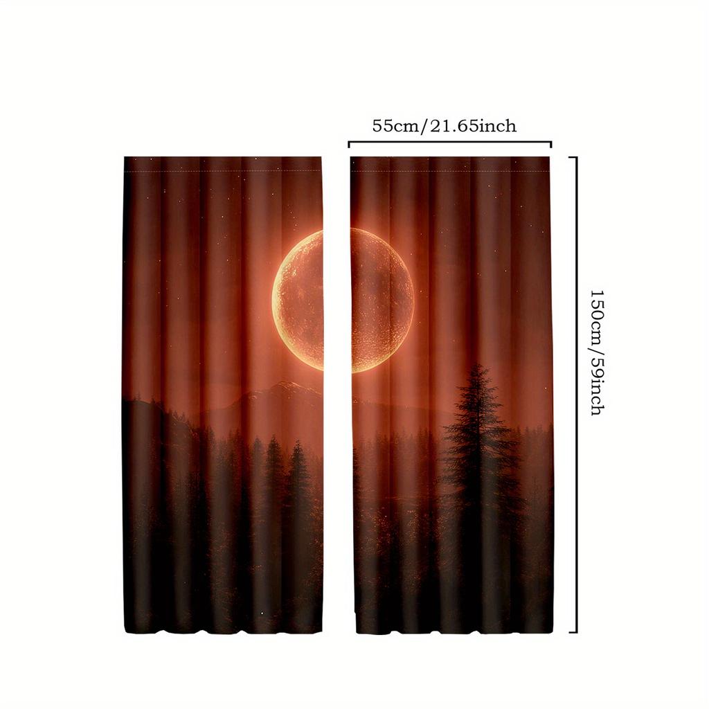 2pcs Abstract Moon and Forest Curtains with Full Moon and Colorful Landscape, Polyester