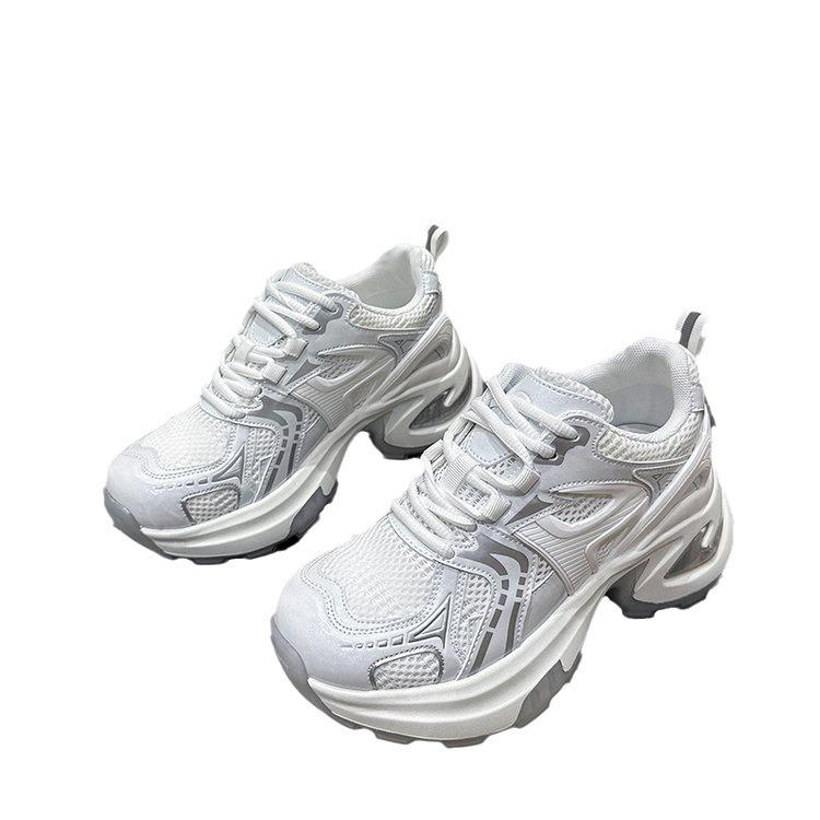 2025 spring and summer leather thick-soled breathable mesh heightening dad shoes space silver thick-soled casual sports shoes women's shoes