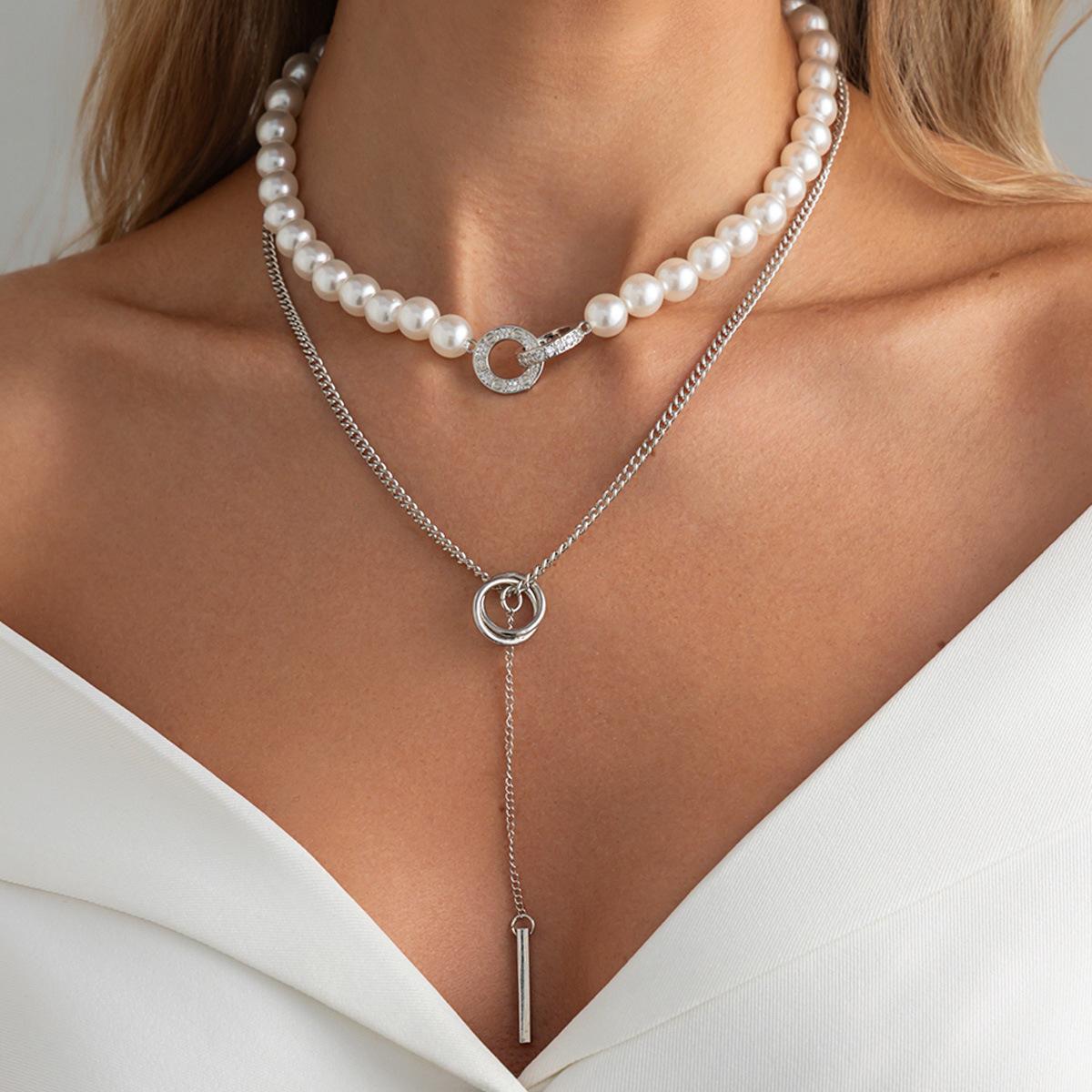 2Pcs Set Temperament Imitation Pearl Bead Zircon Circle Double Ring Pendant Y Lariat Layered Necklace for Women Party Jewelry
