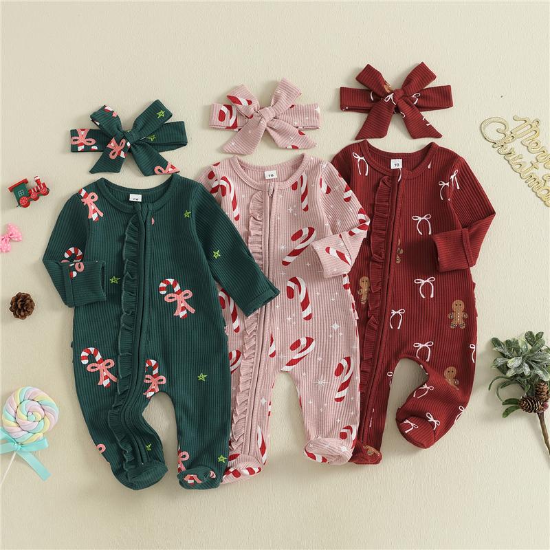 Children Clothing Yulin-001 Unisex Infant Pink Newborn Baby Girl Christmas Oblique Zipper Romper Long Sleeve O Neck Print Jumpsuit With Headband Cm