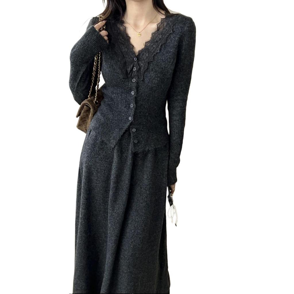 Korean Lace Knit Cardigan & Skirt Set - Elegant Autumn/Winter Two-Piece