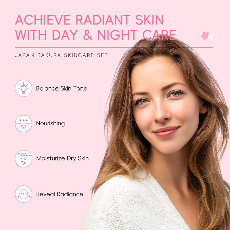 LAIKOU Moisturizing Reduce Fine Lines Brighten Skin Tone Care Toner Cream Eye Cream Cleanser 6Pcs Sakura Facial Skin Care Set