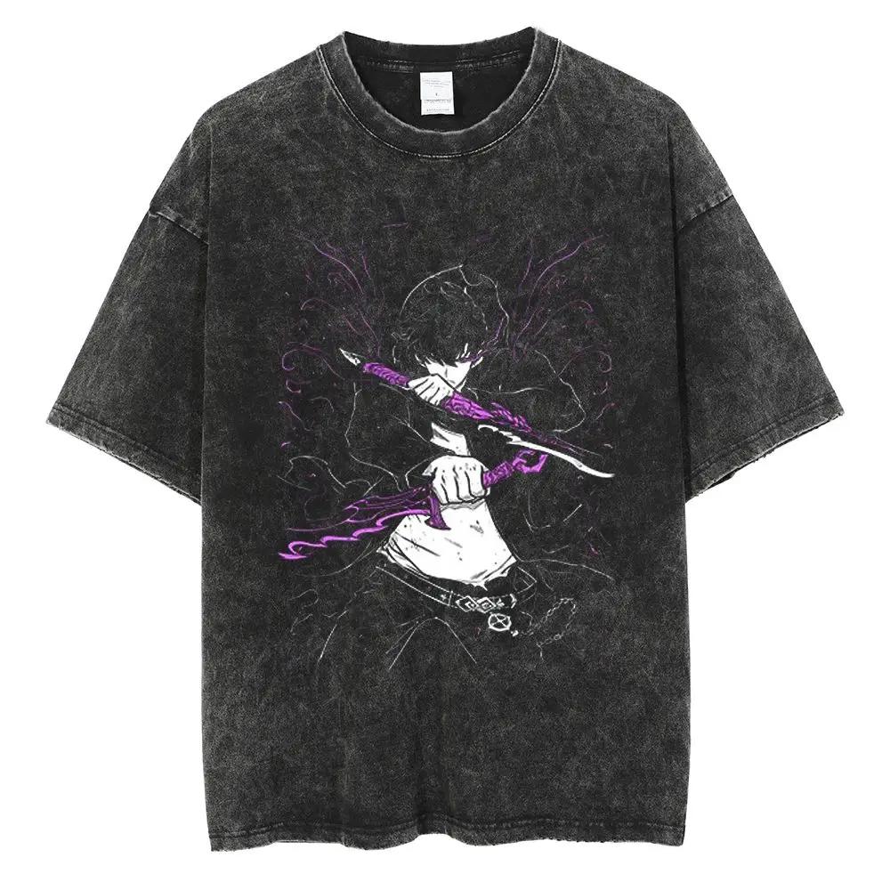Hot Summer Anime Solo Leveling Sung Jin Woo Print T-shirt Women High Quality Washed Cotton T-shirts Harajuku Plus Size T Shirt