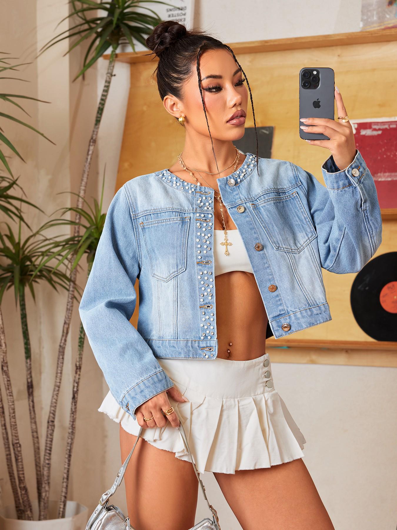 

Women s American Street Style Washed Gradient Denim Jacket Large