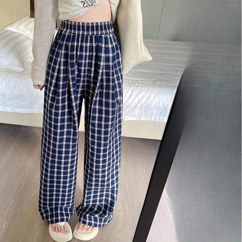 

Женские весенне-летние тонкие брюки с высокой талией из пузырчатого хлопка в винтажную клетку с широкими штанинами в корейском стиле, прямые, повседневные, длиной до пола, для прогулок XL