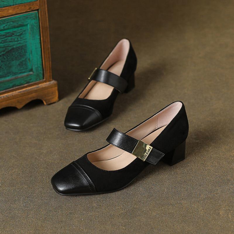 

Women s casual mid-heel small leather shoes square head new black women s single shoes cover one foot pedal square heel four seasons wear women s shoe 39 чорний