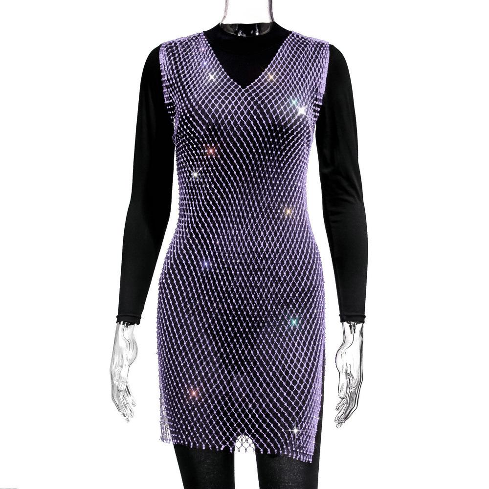Women's Grid Flash Diamond Fishnet Dress Spice Girl Wind Dress Sex Dress