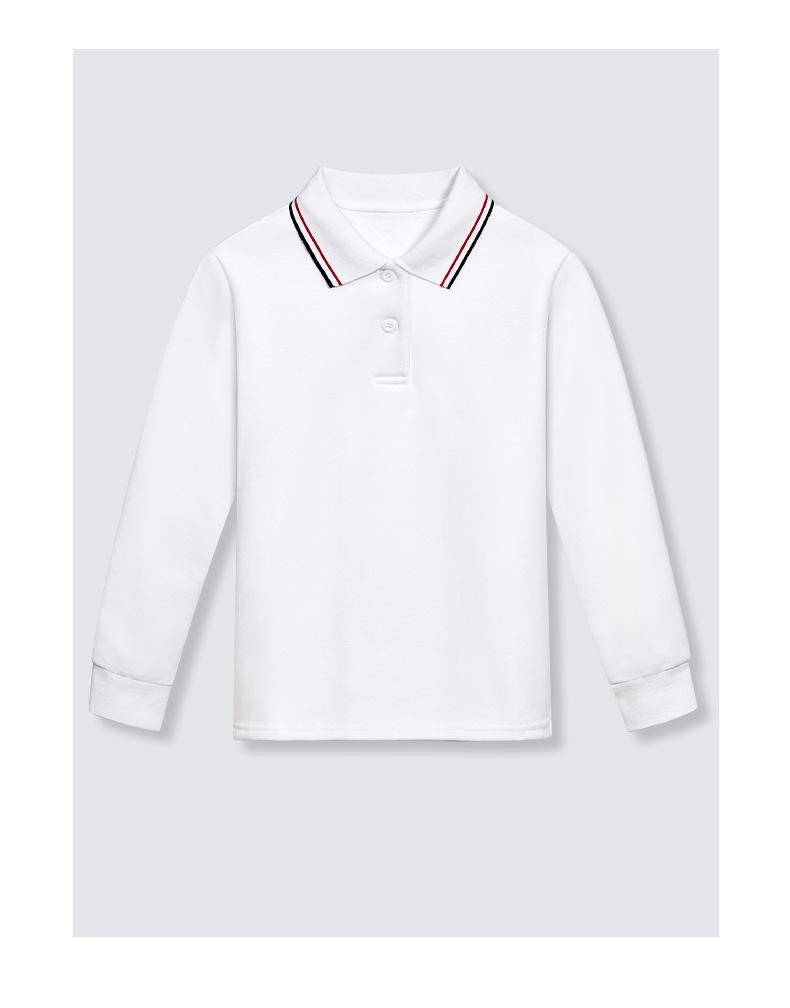Children's White Cotton Polo Shirt with Striped Collar - Long Sleeve School Uniform for Boys and Girls