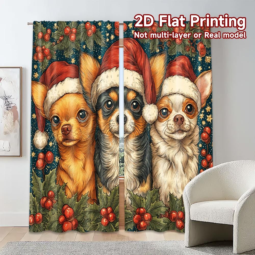 2D Flat Printing,JIT 2pcs, Curtains (Without Rod) Festive Pups Sleigh Popular Curtains Digital Printed Versatile 100% Polyester