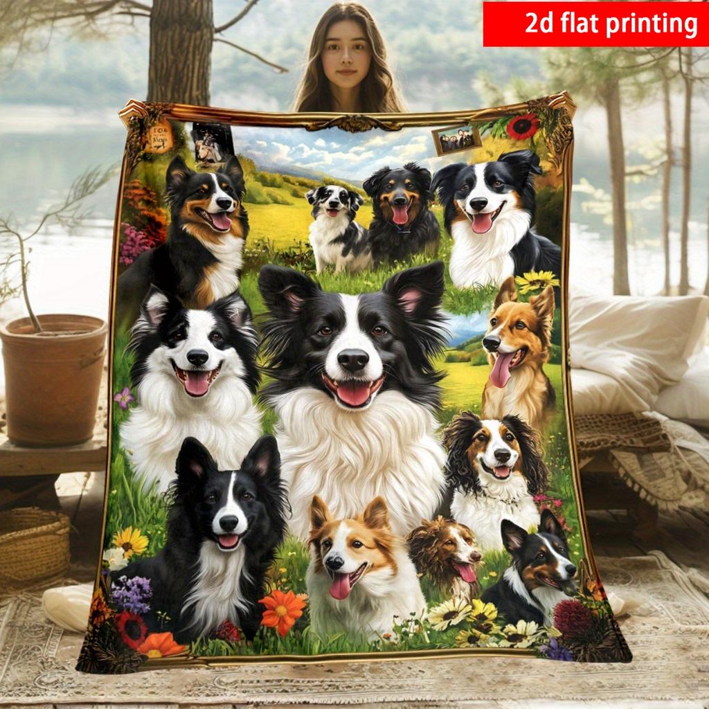 2D Flat Printing 1pc Border Collie with Natural Scenery Print Blanket Single-Sided Printing Flannel Material Suitable for Sofas Be