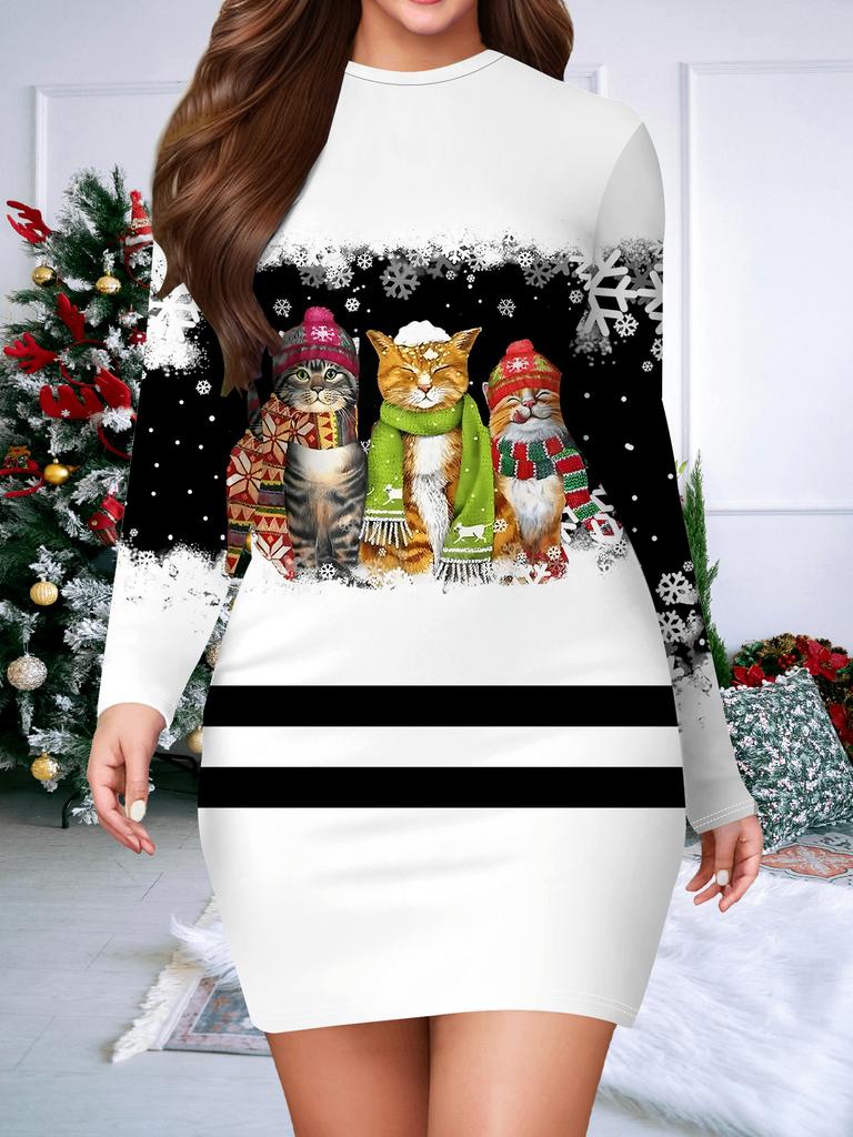 Nuovo Abito da Donna Avvolgente sui Fianchi Autunno Inverno 2025, Stampa e Tintura Natalizia 3D Moda Donna Maniche Lunghe Girocollo Sexy Abito Avvolgente sui Fianchi