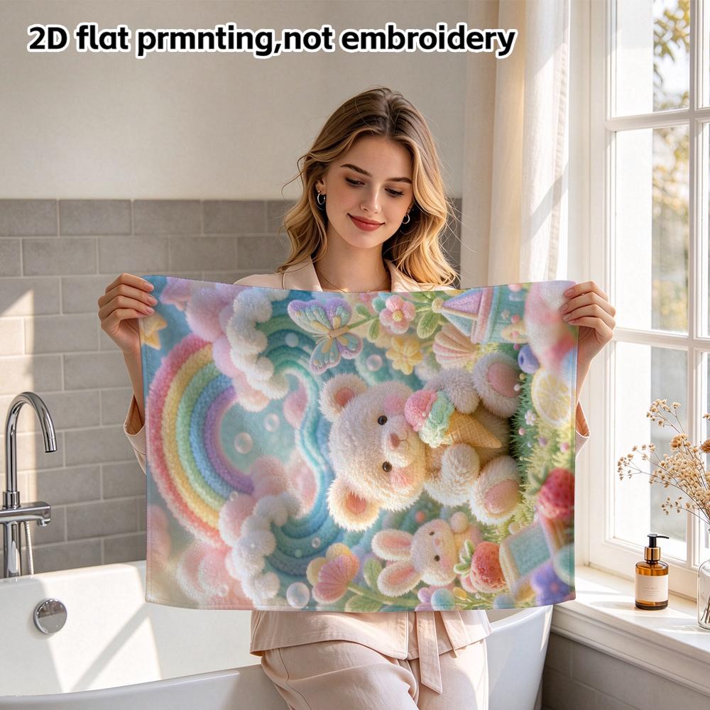 Rainbow Bear Ice Cream Print Towel, Super Absorbent Soft Hand Towel, Fantasy Cloud Garden Kids Bath Towel