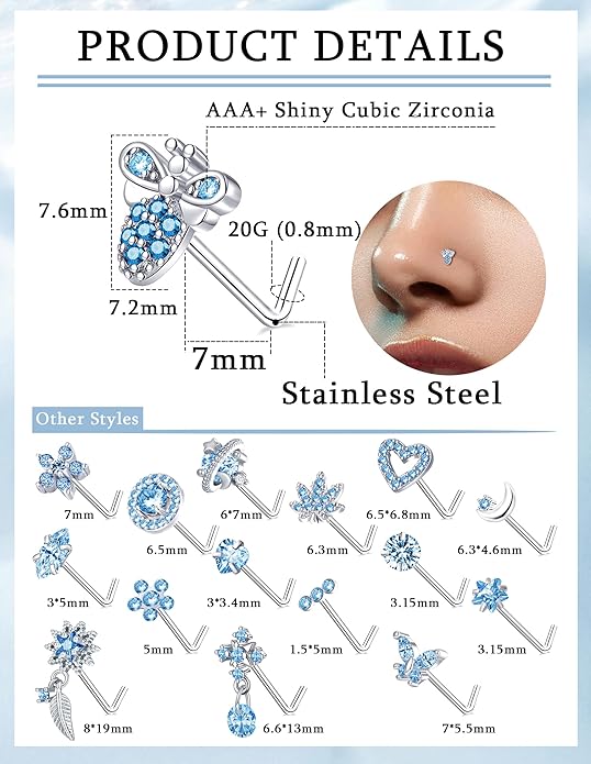 16Pcs 20G Nose Rings Studs Stainless Steel L Shaped Nose Stud CZ Butterfly Star Moon Heart Flower Dangle Piercing Jewelry