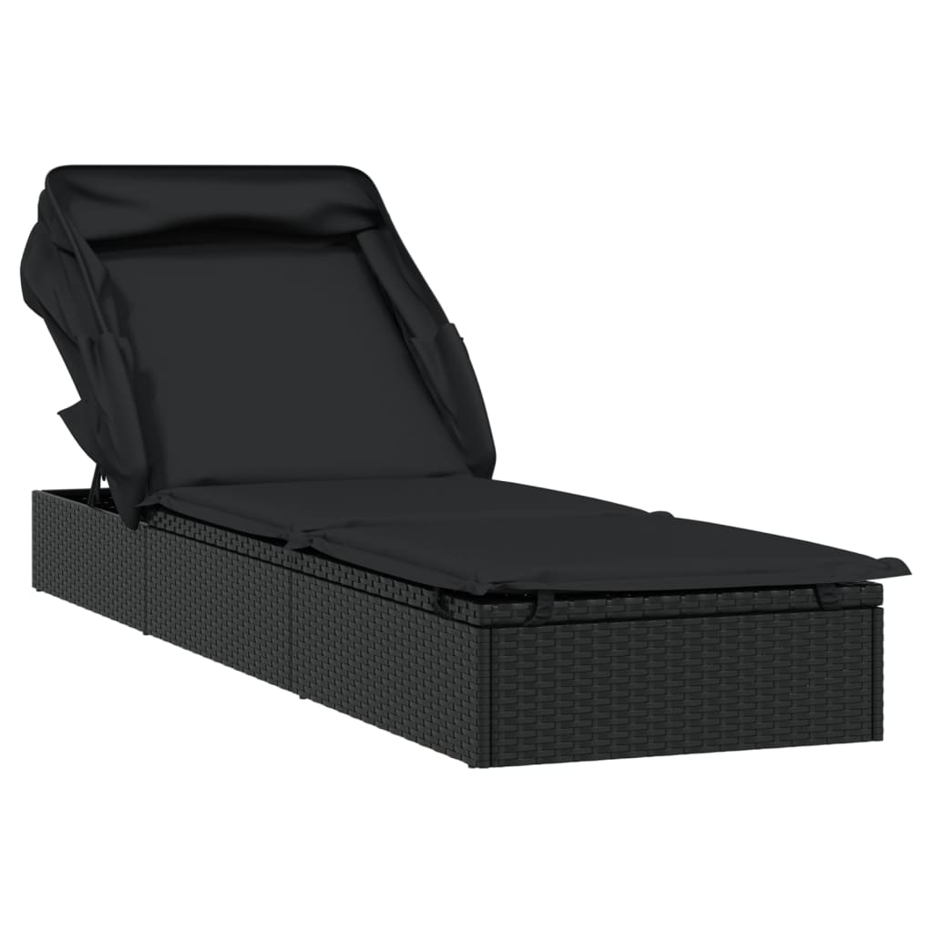 Folding Sun Lounger with Canopy Black 213x63x97 cm Poly Rattan