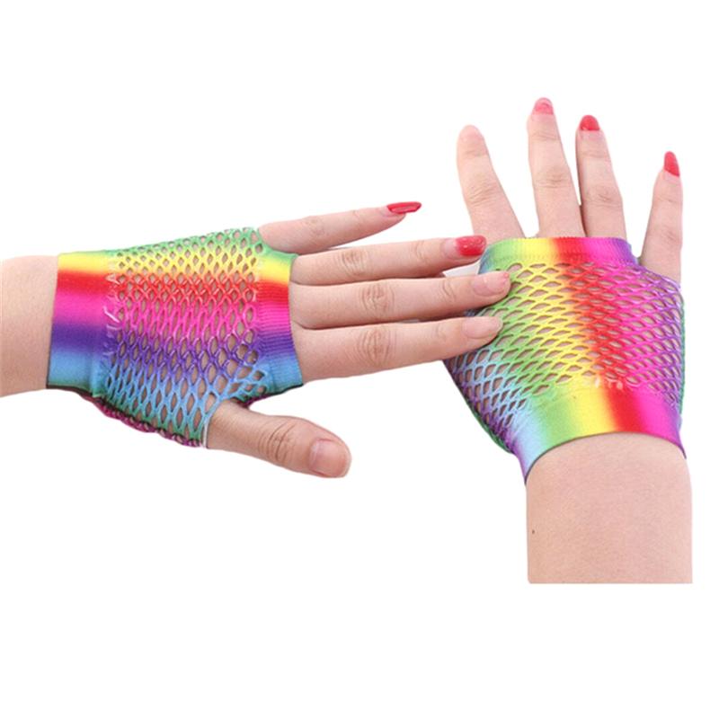 1 pár Dámské sexy síťované rukavice duhové barvy Dámské rukavice bez prstů s otvory Lady Disco taneční kostým Palčáky