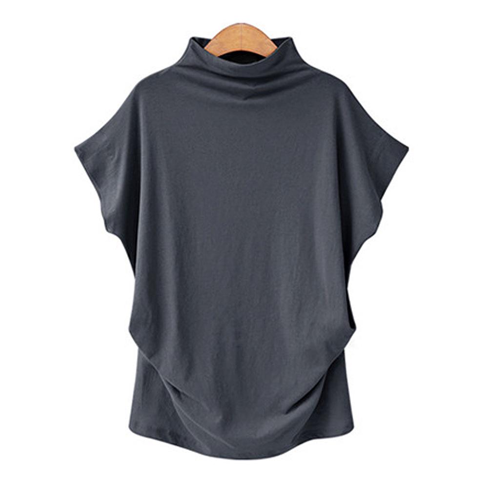 Large Size Women's Half High Collar Bat Sleeve Top Solid Color Polyester Cotton Loose Short Sleeve T-shirt Female
