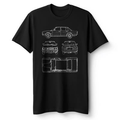 T-shirt da uomo BMW E28 Cotone Nero Schema Brevetto Progetto Tecnico