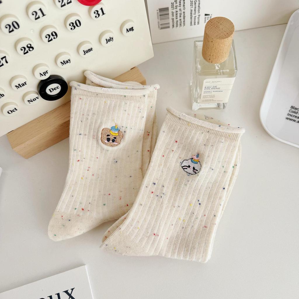 Women's Colorful Polka Dot Cartoon Embroidery Mid-Calf Gauze Socks - Korean Style Cute Rolled Edge